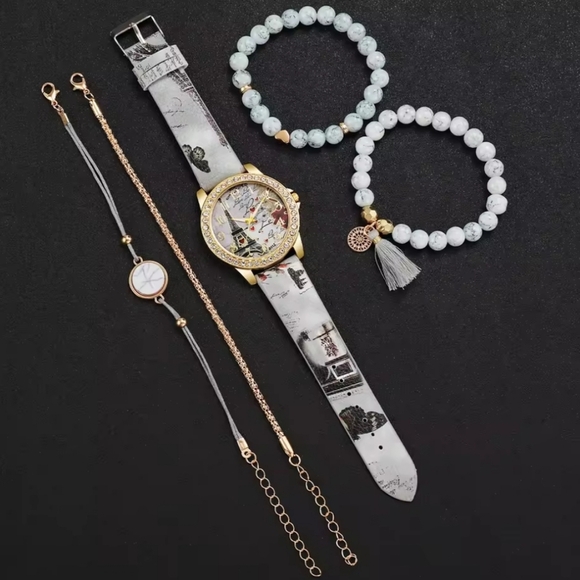 Paris Themed Watch Bracelet Set Women's 1 Watch 4 Bracelets BRAND NEW - Picture 1 of 3